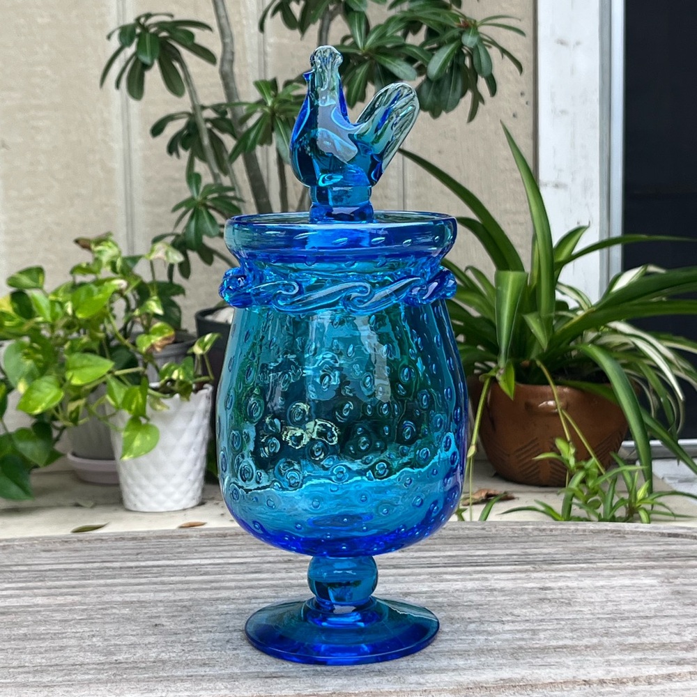 Vintage Rainbow Art Glass Co. Controlled Bubble Pedestal Jar/Rooster Finial